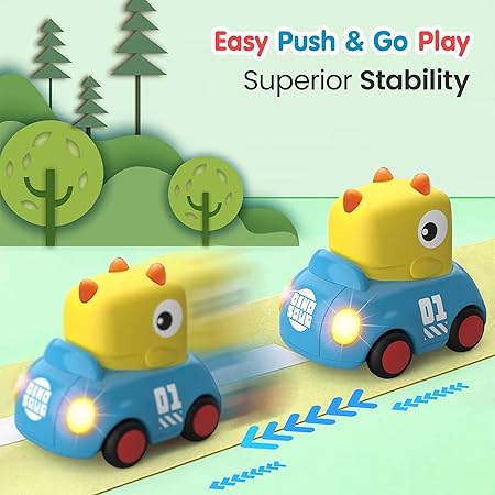 DN TOYS Dinosaur Car for Toddlers | Dinosaur Inertia Push and Go Friction Car | 8 Built-in Music and Flashing Lights | Baby Toys Birthday Gift for 12 Months and Above