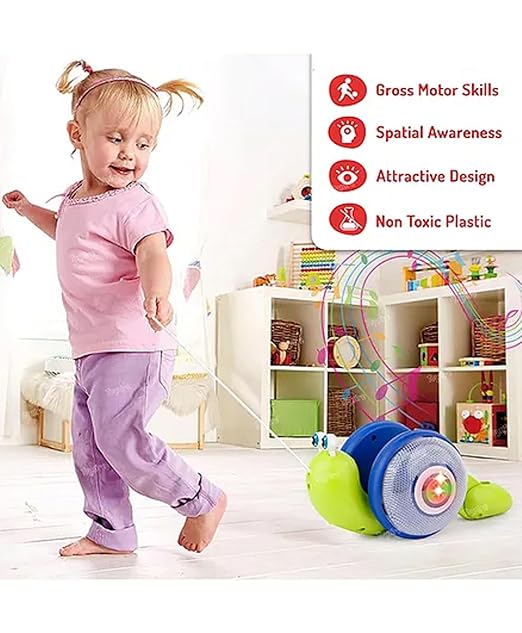 DN TOYS Pull Along Musical Snail Baby Toys | String Attached Wiggle Motion Toy with Music, Light and Rope | BPA Free Toddler Toys Gift Set for 12+ Months Kids | Made in India