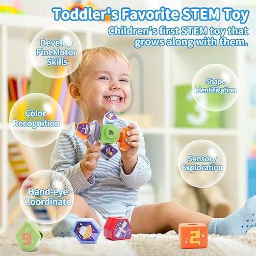 DN TOYS Space Shape Sorter with Changing Shape | Unique Space Theme Stackable Blocks Toy for 2 Year Old Kids | Montessori Shape Sorting and Lacing Beads Activity - 26 Pcs