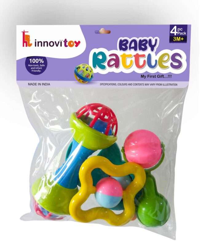 4-Piece Baby Rattle Set – Safe, Colorful & Non-Toxic Rattles for Teething, Grasping & Sensory Play | Soft & Chewable Toys for Newborns & Infants | Ideal Gift for Babies (Pack of 4)