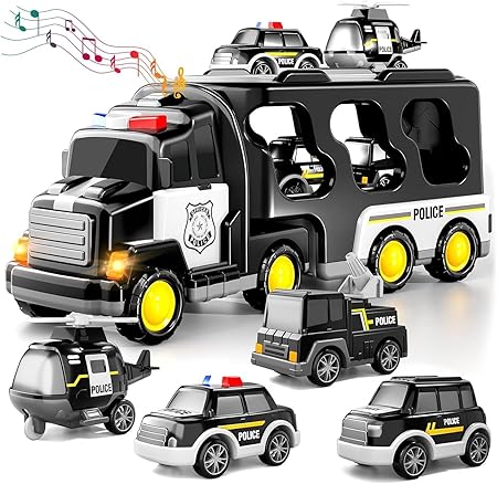 DN TOYS 5-in-1 Friction-Powered Truck Toy Set with Music | Montessori Educational Transport Carrier Vehicle Toy | Lights and Sounds Fun Birthday Gift for Kids, Boys and Girls - Ages 3+